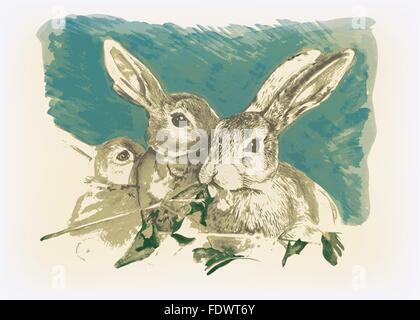 Hares watercolor, behind blue sky, in front of them leaves Stock Vector