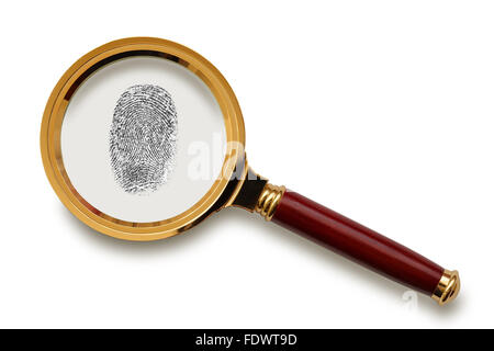 Magnifying glass with fingerprint  isolated on the white background, clipping path included. Stock Photo