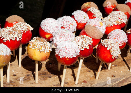 Candy apples for sale in market Stock Photo