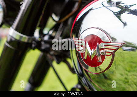 Close up of the winged 'M' on the petrol tank of a Matchless motorcycle at Culcheth Community Day Stock Photo