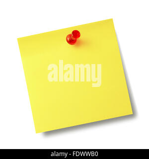 Yellow reminder note with red pin isolated on the white background. Stock Photo