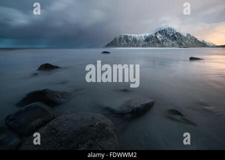 Beautiful moonlit Skagsanden beach in Flakstad Lofoten Islands, Norway Stock Photo