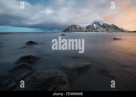 Beautiful moonlit Skagsanden beach in Flakstad Lofoten Islands, Norway Stock Photo