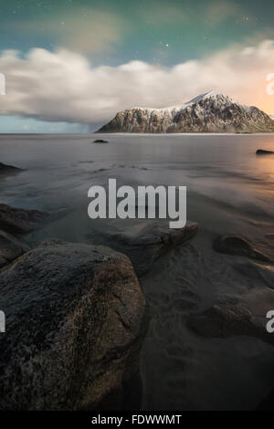 Beautiful moonlit Skagsanden beach in Flakstad Lofoten Islands, Norway Stock Photo