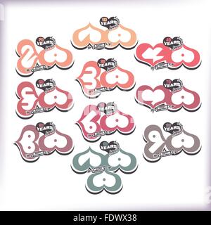 Anniversary emblems with heart shaped numbers from 10 to 100 years Stock Vector
