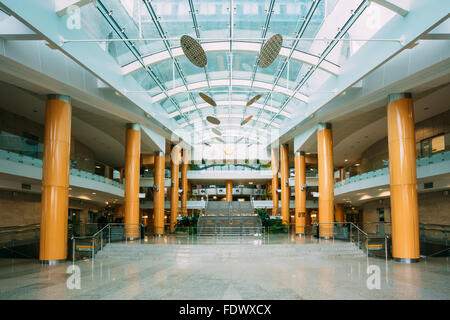 MINSK, BELARUS - May 19, 2015: The Interior of Building Of National Library Of Belarus In Minsk. Famous Symbol Of Belarusian Cul Stock Photo