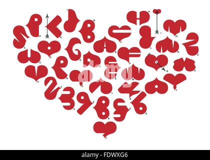 Heart shaped font with letters and numerals Stock Vector