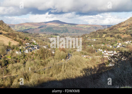 View across the Heads of the Valleys Road, near Abergavenny towards the Sugar Loaf or Mynydd Pen-y-Fal, a hill or mountain in Mo Stock Photo