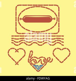 Sausage symbol and continuous linked sausages, hearts, typography. Stock Vector