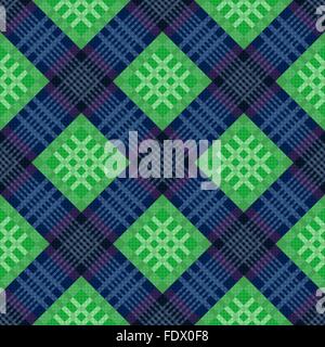 Diagonal contrast seamless vector pattern as a tartan plaid in green and blue colors Stock Vector