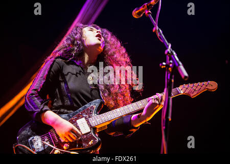 Milan Italy. 01th February 2016. The German pop singer Sara Hartman performs live on stage at Mediolanum Forum opening the show of Ellie Goulding © Rodolfo Sassano/Alamy Live News Stock Photo