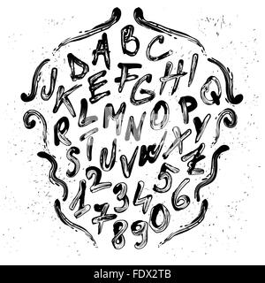 Smudged brush vector alphabet with numbers. Each element is grouped separately. Stock Vector