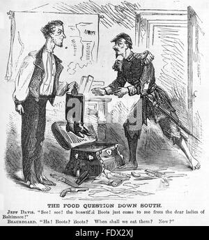 JEFFERSON DAVIS (1808-1889) President of the American Confederate States satirised as offering only boots to General Beauregard who needs food for his troops. From Harper's Weekly 9 May 1863 Stock Photo