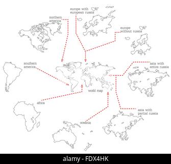 Maps set drawn with thin line on a invisible grid of rounded squares and triangles Stock Vector