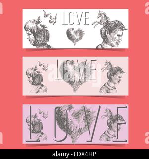 Love concept banners with a couple and fantastic imagery. The text Love, the heart, the woman and butterflies, the man and unico Stock Vector