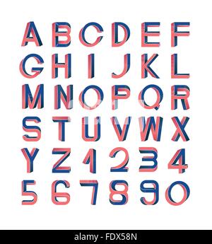Impossible font set, including numerals. Red and blue gradients, white striped edges. Stock Vector