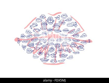 Lips set, attractive human mouths. Cartoon mouth icons. All the mouths are arranged in one big kiss. Stock Vector