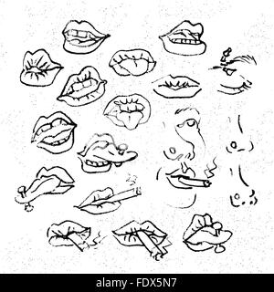 Lips set, attractive human mouths. Cartoon mouth icons. Every mouth represents a different style and emotion. Stock Vector
