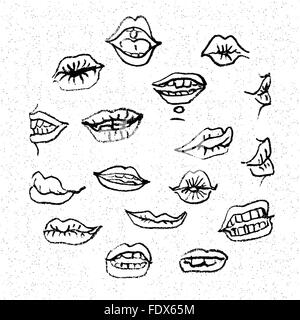 Lips set, attractive human mouths. Cartoon mouth icons. Every mouth represents a different style and emotion. Stock Vector