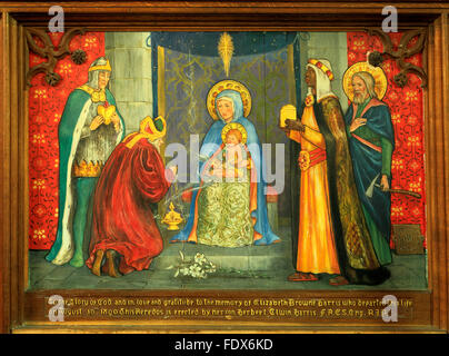 The Magi presenting gifts to Jesus, painting on wood, Three Wise Men, Three Kings, gold, frankincense, myrrh, Langham, Norfolk Stock Photo