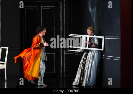 Leeds, UK. 1st February 2016. Opera North performing ‘Cosi Fan Tutte  by Mozart, directed by Tim Alberry. L to R, Gavan Ring as Guglielmo , Helen Sherman as Dorabella.  Credit:  Jeremy Abrahams / Alamy Live News Stock Photo