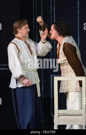 Leeds, UK. 1st February 2016. Opera North performing ‘Cosi Fan Tutte  by Mozart, directed by Tim Alberry. L to R, Nicholas Watts as Fernando,  Gavan Ring as Guglielmo   Credit:  Jeremy Abrahams / Alamy Live News Stock Photo