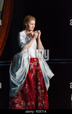 Leeds, UK. 1st February 2016. Opera North performing ‘Cosi Fan Tutte  by Mozart, directed by Tim Alberry. Helen Sherman as Dorabella.  Credit:  Jeremy Abrahams / Alamy Live News Stock Photo