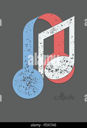 Musical note and headphones metaphorical composition with sample text. Grunge texture flat colors Stock Vector