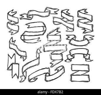 Ribbon banners set in woodcut print style. Each banner is grouped separately, there are 13 different banners. Design elements we Stock Vector