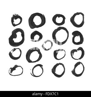 Circles set. There are 17 different circles. Design elements were created with Chinese ink and calligraphic pen. Stock Vector