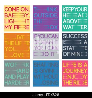 Quote set in a new minimalistic lettering style with horizontally elongated typography. Nine sayings are included. Stock Vector