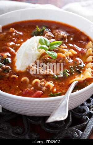 Lasagne soup with ground beef, tomato and cheese Stock Photo