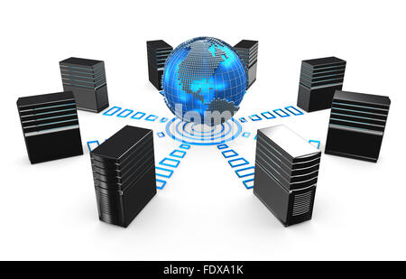 3d of network workstation servers connected with world. Stock Photo