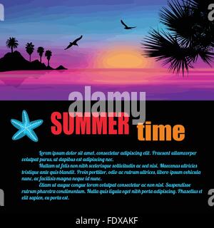 Summer time poster. A beautiful island and palm trees on sunset with space for your text, vector illustration Stock Vector