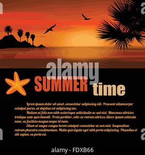 Summer time poster. A beautiful island and palm trees on sunset with space for your text, vector illustration Stock Vector