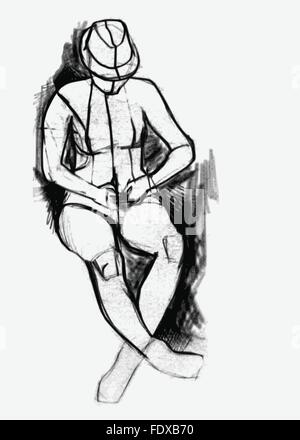 Woman wearing hat and sitting , hands in her lap drawing Stock Vector