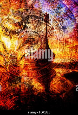 Viking Boat on the beach with wood dragon and Ancient Mayan Calendar, abstract color Background, computer collage. Stock Photo