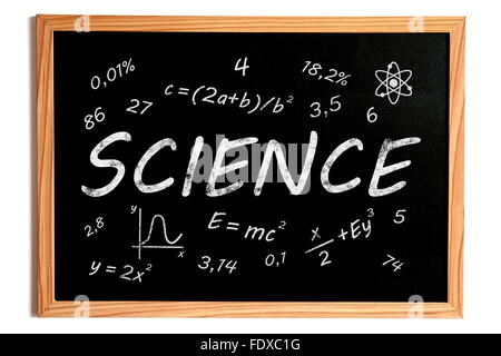 Science Chalk Text and Related Symbols on Chalkboard on White Background Stock Photo