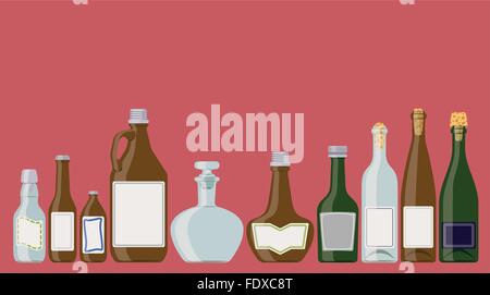 Bottles set: alcoholic beverages in a row as if standing on a shelf. These are wine, champagne, brandy, beer bottles. Stock Vector