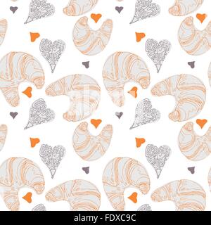 Seamless pattern with croissants, hearts and French text that says Croissant with butter. Vector file contains the pattern swatc Stock Vector
