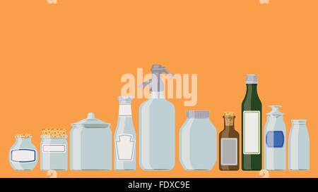 Bottles set: food containers in a row as if standing on a shelf. Stock Vector