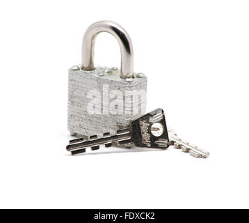 Isolated close up of silver lock and keys Stock Photo