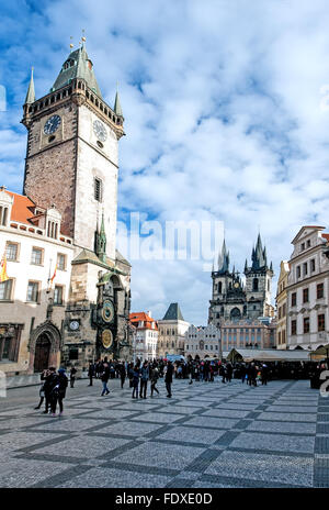 The Church of Our Lady before Tyn. Prague Astronomical Clock, Orloj, in the Old Town of Prague Stock Photo