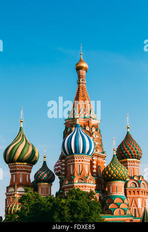Six domes of the Cathedral of Vasily the Blessed - Saint Basil's Cathedral church on blue sky at Red Square in Moscow, Russia.