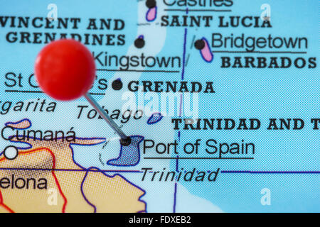 Close-up of a red pushpin in a map of Port of Spain, Trinidad and Tobago. Stock Photo