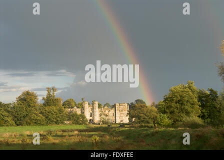 Cowdray Ruins, Midhurst, West Sussex, UK. Under a rainbow. View down the causeway. September.. Stock Photo