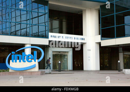 An Intel sign is seen at its corporate headquarters in Santa Clara, California Stock Photo