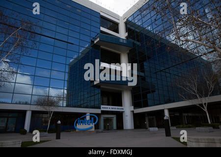 A sign is seen at Intel's corporate headquarters in Santa Clara, California Stock Photo