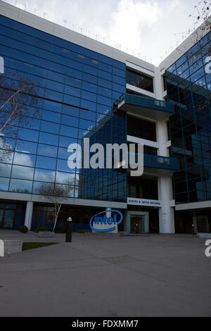 A sign is seen at Intel's corporate headquarters in Santa Clara, California Stock Photo