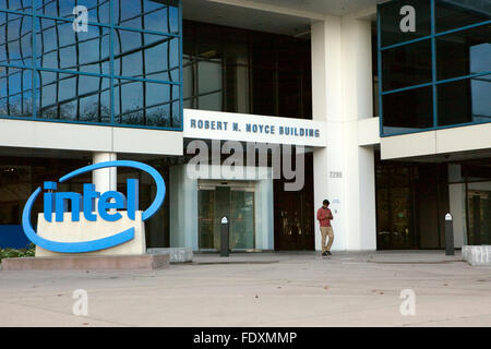 An Intel sign is seen at its corporate headquarters in Santa Clara, California Stock Photo